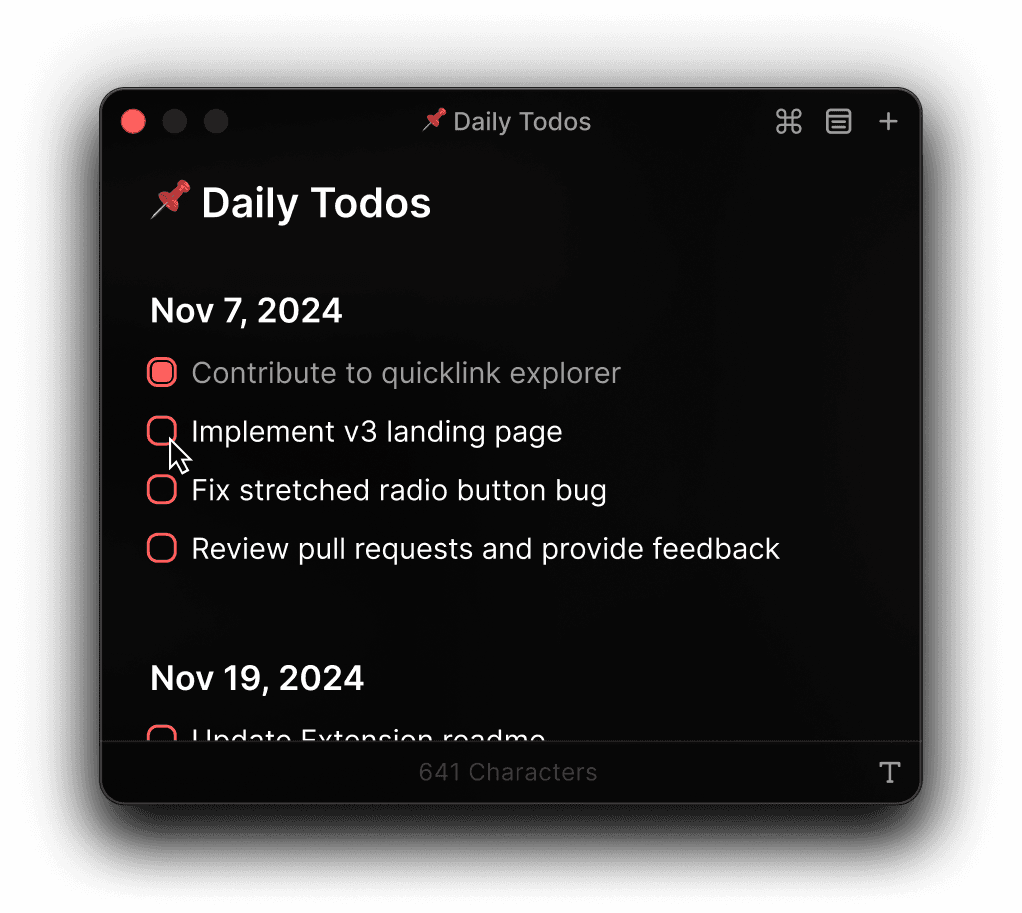 Raycast Notes floating window with daily todos